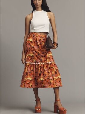 FARM Rio Tiered Flare-Hem Printed Midi Skirt